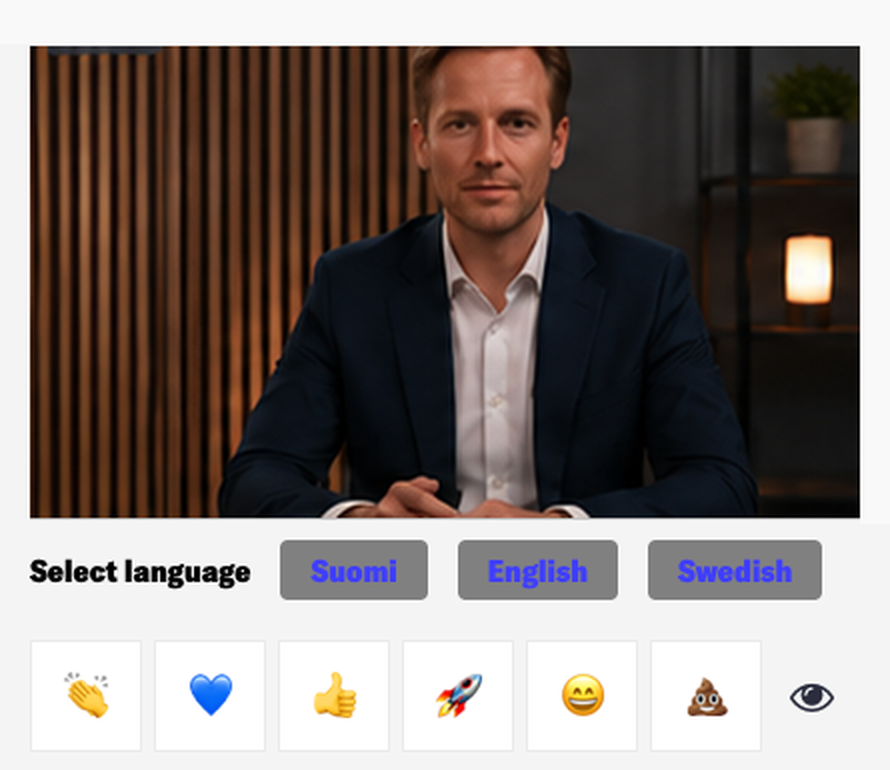 The viewer's player with a language selector underneath it: the audience picks Suomi, English or Swedish and hears the event in that language