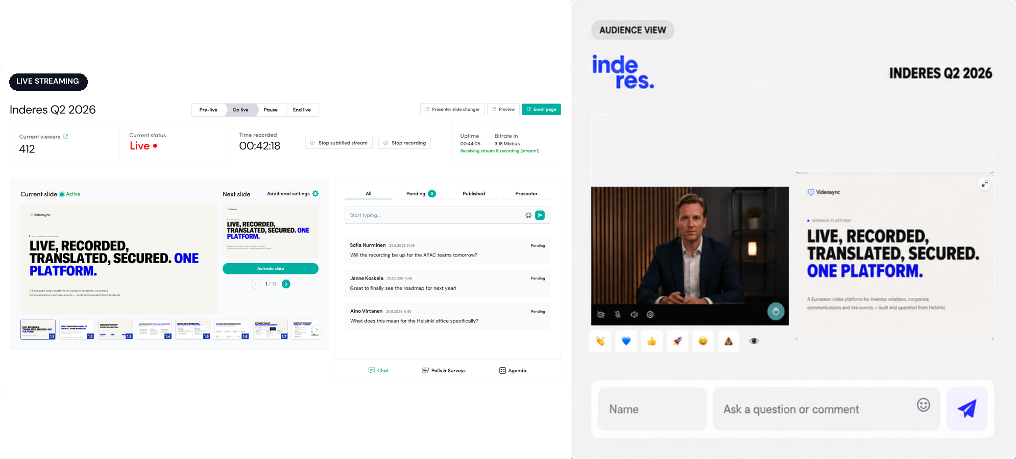 One event from both sides: the Live Streaming control room with the incoming stream, slide control and a moderation queue of audience questions, next to the branded audience view where viewers watch, react and ask questions